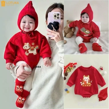 Bodysuit Tết Ngựa 2.026 kèm mũ, Bodychip Rồng Noel, nỉ bông ấm áp bé 0-12 tháng - Giá 119k
