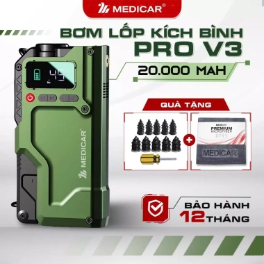 Bơm lóp 4in1 Medicar V3 PRO 20.000mAh – Công suất mạnh, đèn sáng, an toàn bình ô tô