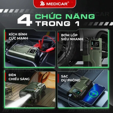 Bơm lóp 4in1 Medicar V3 PRO 20.000mAh – Công suất mạnh, đèn sáng, an toàn bình ô tô