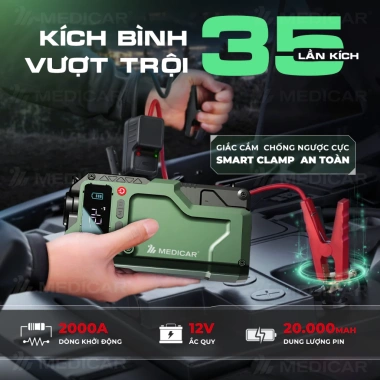 Bơm lóp 4in1 Medicar V3 PRO 20.000mAh – Công suất mạnh, đèn sáng, an toàn bình ô tô
