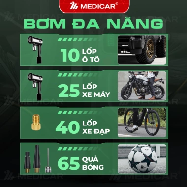 Bơm lóp 4in1 Medicar V3 PRO 20.000mAh – Công suất mạnh, đèn sáng, an toàn bình ô tô