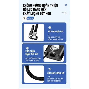 Bơm Lốp Điện Wisezen Không Dây Cầm Tay, Theo Dõi Áp Suất, Phù Hợp Xe Ô Tô, Xe Máy, Xe Đạp - Bảo Hành 24 Tháng