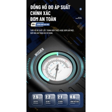 Bơm Lốp Điện Wisezen Không Dây Cầm Tay, Theo Dõi Áp Suất, Phù Hợp Xe Ô Tô, Xe Máy, Xe Đạp - Bảo Hành 24 Tháng