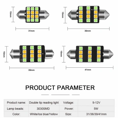 Bóng đèn LED ba màu T10 C5W/W5W 31‑41mm, tiết kiệm năng lượng, sáng mạnh, giá ưu đãi 9