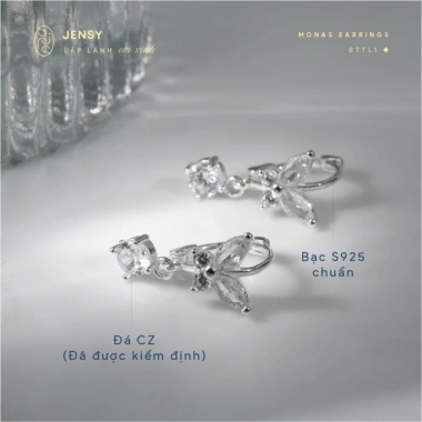 Bông Tai Bạc Nữ S925 JENSY Cánh Bướm Đính Đá Monas - Khuyên Tai Dễ Thương 668k