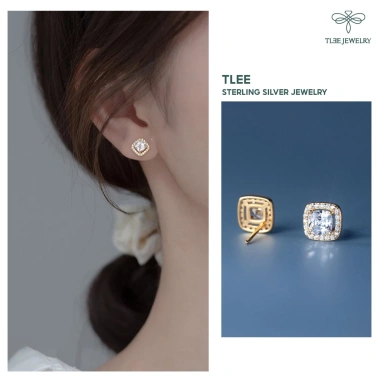 Bông tai bạc nữ TLEE đá vuông lớn sang trọng - Giá ưu đãi 416,000 VND TLEE JEWELRY B224