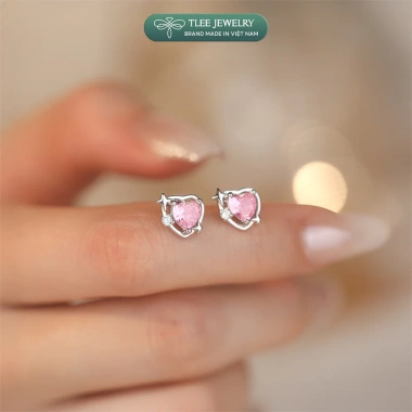 Bông tai bạc nữ TLEE trái tim hồng đá viền sao bốn cánh sang trọng 408.000đ