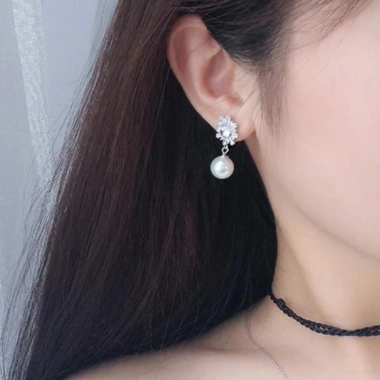 Bông Tai Bạc S925 Hình Bông Tuyết Đính Hạt Ngọc Trai 10ly - Ngọc Trai Trường Thịnh 504k