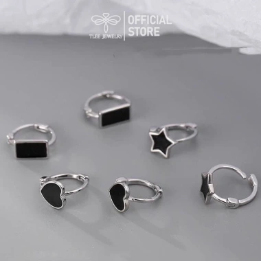 Bông tai bạc TLEE tròn chốt bấm hình khối sơn đen cá tính JEWELRY, giá 260.000₫