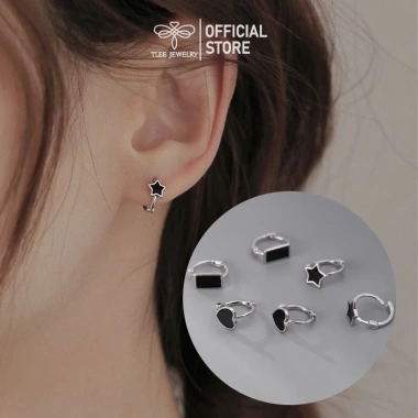 Bông tai bạc TLEE tròn chốt bấm hình khối sơn đen cá tính JEWELRY, giá 260.000₫