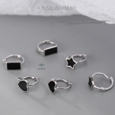 Bông tai bạc TLEE tròn chốt bấm hình khối sơn đen cá tính JEWELRY, giá 260.000₫