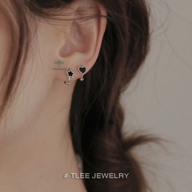 Bông tai bạc TLEE tròn chốt bấm hình khối sơn đen cá tính JEWELRY, giá 260.000₫