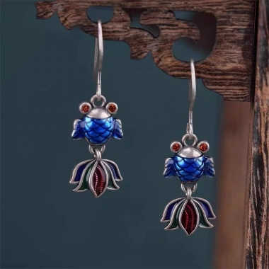 Bông tai cloisonne Koi xanh epoxy - phong cách retro Trung Hoa, quà tặng mẹ