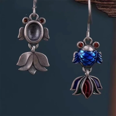 Bông tai cloisonne Koi xanh epoxy - phong cách retro Trung Hoa, quà tặng mẹ