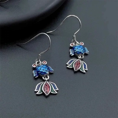 Bông tai cloisonne Koi xanh epoxy - phong cách retro Trung Hoa, quà tặng mẹ