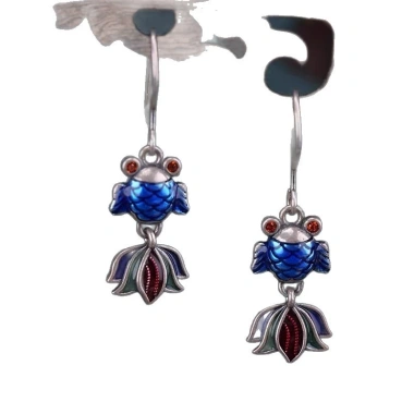 Bông tai cloisonne Koi xanh epoxy - phong cách retro Trung Hoa, quà tặng mẹ