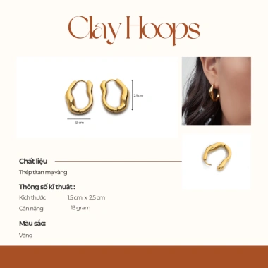Bông tai nữ Clay Hoops Jesmee thiết kế độc đáo titanium mạ vàng - Giá 219.000₫
