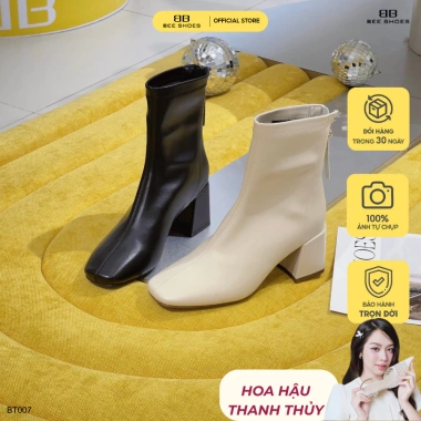 Boot nữ BEESHOES cổ thấp mũi tròn đế vuông cao 6 phân sẵn - màu đen kem giá 558,080₫