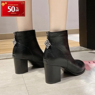Boot nữ gót vuông cao 8cm cổ cao S128 đen, thời trang cá tính, 700k tặng nước hoa