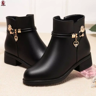 Booties Nữ Chunky Gót Cao Da PU Mềm Chống Thấm Đệm Mắt Cá Quà Tặng Giáng Sinh