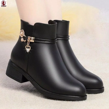 Booties Nữ Chunky Gót Cao Da PU Mềm Chống Thấm Đệm Mắt Cá Quà Tặng Giáng Sinh