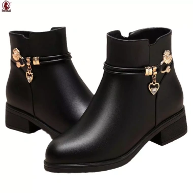 Booties Nữ Chunky Gót Cao Da PU Mềm Chống Thấm Đệm Mắt Cá Quà Tặng Giáng Sinh