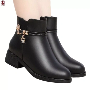 Booties Nữ Chunky Gót Cao Da PU Mềm Chống Thấm Đệm Mắt Cá Quà Tặng Giáng Sinh