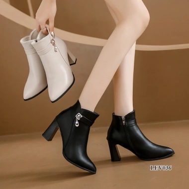 Boots nữ cao gót 8cm cổ ngắn, đế vuông mũi tròn - Thời trang công sở và dự tiệc