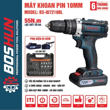 BOSHUN BS-ID7.210BL - Máy khoan pin, lực siết 55Nm, 3 chức năng khoan bắn vít nhẹ nhàng, chỉ 449.000₫