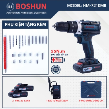 BOSHUN BS-ID7.210BL - Máy khoan pin, lực siết 55Nm, 3 chức năng khoan bắn vít nhẹ nhàng, chỉ 449.000₫