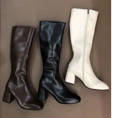 Bốt đùi nữ da lì khóa cạnh 5cm gót vuông đen nâu thời trang du lịch đi chơi