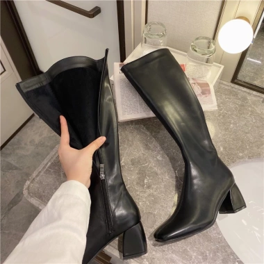 Bốt đùi nữ da lì khóa cạnh 5cm gót vuông đen nâu thời trang du lịch đi chơi