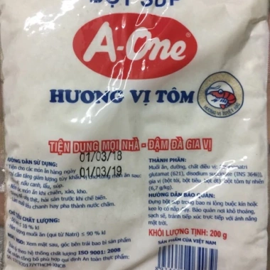 Bột súp hương vị tôm A-One - Đậm đà, thơm ngon, chỉ 15.000₫ giảm từ 18.450₫ 4 Bột súp hương vị tôm A-One - Đậm đà, thơm ngon, chỉ 15.000₫ giảm từ 18.450₫ 4
