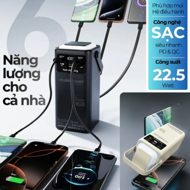 BOX sạc nhanh 22.5W 50.000mAh HUBBFAST PD60 - Đèn chiếu sáng, dây sạc kèm, bảo hành 12 tháng, giá 899.000₫ 2 BOX sạc nhanh 22.5W 50.000mAh HUBBFAST PD60 - Đèn chiếu sáng, dây sạc kèm, bảo hành 12 tháng, giá 899.000₫ 2