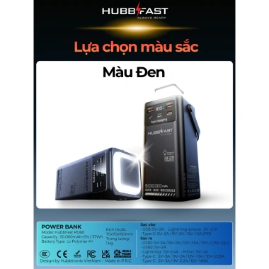BOX sạc nhanh 22.5W 50.000mAh HUBBFAST PD60 - Đèn chiếu sáng, dây sạc kèm, bảo hành 12 tháng, giá 899.000₫