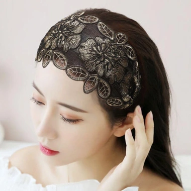 BRYOKPB Băng đô ren rộng thêu hoa, răng cài chống trượt, phong cách cổ điển, nhiều màu