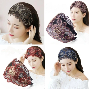 BRYOKPB Băng đô ren rộng thêu hoa, răng cài chống trượt, phong cách cổ điển, nhiều màu