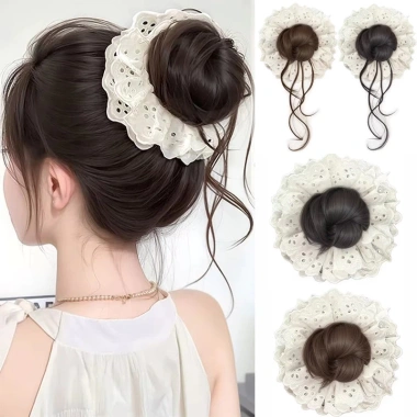 Bun Tóc Giả Mô Phỏng Thanh Lịch, Thiết Kế Hoa Dây Buộc Ren Co Giãn - Phụ Kiện Nữ