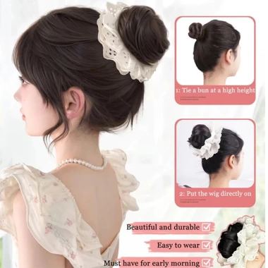 Bun Tóc Giả Mô Phỏng Thanh Lịch, Thiết Kế Hoa Dây Buộc Ren Co Giãn - Phụ Kiện Nữ