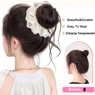 Bun Tóc Giả Mô Phỏng Thanh Lịch, Thiết Kế Hoa Dây Buộc Ren Co Giãn - Phụ Kiện Nữ