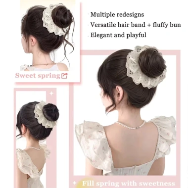 Bun Tóc Giả Mô Phỏng Thanh Lịch, Thiết Kế Hoa Dây Buộc Ren Co Giãn - Phụ Kiện Nữ