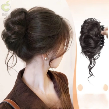 Bun tóc giả xoăn tổng hợp tự nhiên màu nâu đen - Giá 49.464₫, dành cho phụ nữ