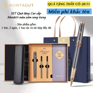 Bút bi ký tên Montagut M801 màu xám cao cấp Khắc tên theo yêu cầu kèm 2 ngòi và bao da sang trọng quà tặng sếp 1.1tr