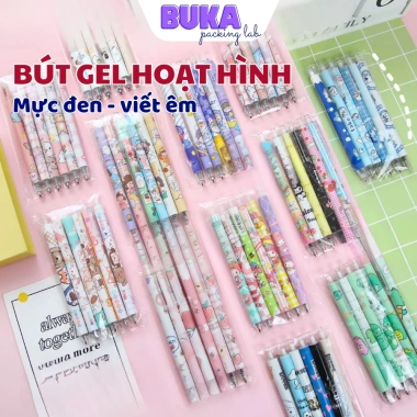 Bút gel bấm hoạt hình mực đen viết êm, họa tiết cute đáng yêu - Giá 9.000 VND, phù hợp học sinh và văn phòng