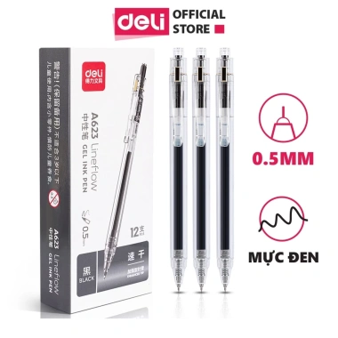 Bút Gel Deli A623 0.5mm Suốt - Mực Đen Nhanh Khô, Viết Êm Trơn, Giá 12.000 đồng