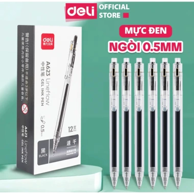 Bút Gel Deli A623 0.5mm Suốt - Mực Đen Nhanh Khô, Viết Êm Trơn, Giá 12.000 đồng