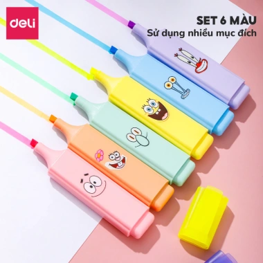 Bút highlight Deli EU375 set 6 màu, mực nhiều, họa tiết dễ thương, giảm còn 14.000 VND