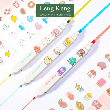Bút highlight pastel 2 đầu Leng Keng Đánh dấu nhớ dòng, kèm sticker, giảm giá 28.000₫
