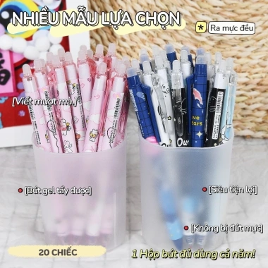 Bút mực xoá - Hộp 20 bút bi gel ngòi 0.5mm mực nước xanh đen, học sinh 92.000₫
