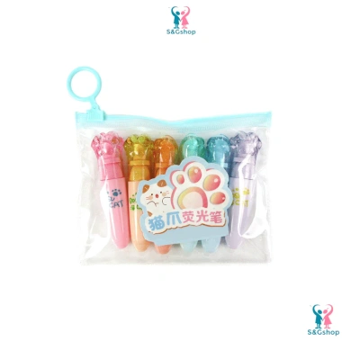 Bút nhớ dạ quang highlight vỉ 6 cây hình bàn chân mèo kèm túi zip - Giá 35.000đ